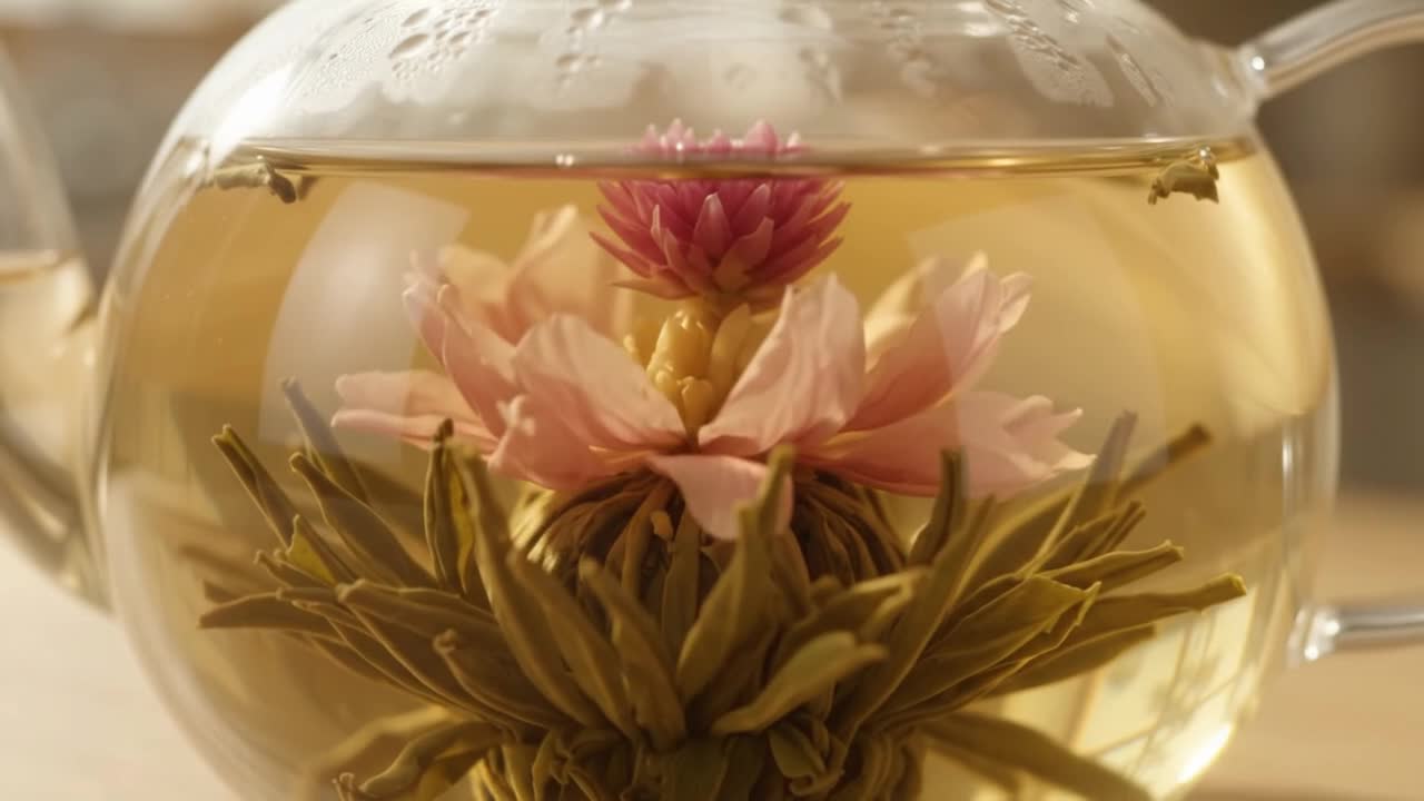 A blooming tea opening in a glass pot as water is poured